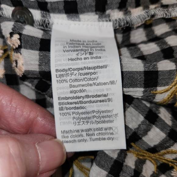 Madewell Black/White Gingham Embroidered 3/4 Sleeve Top Size XS Textured Flowers - Picture 9 of 11